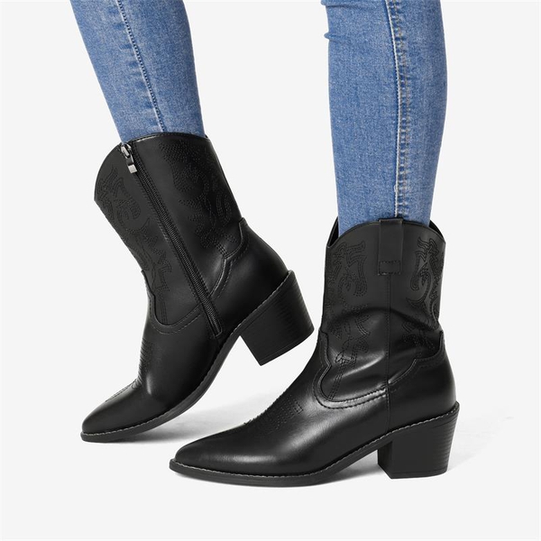 Western Chunky Heel Cowboy Ankle Boots - BLACK - 1